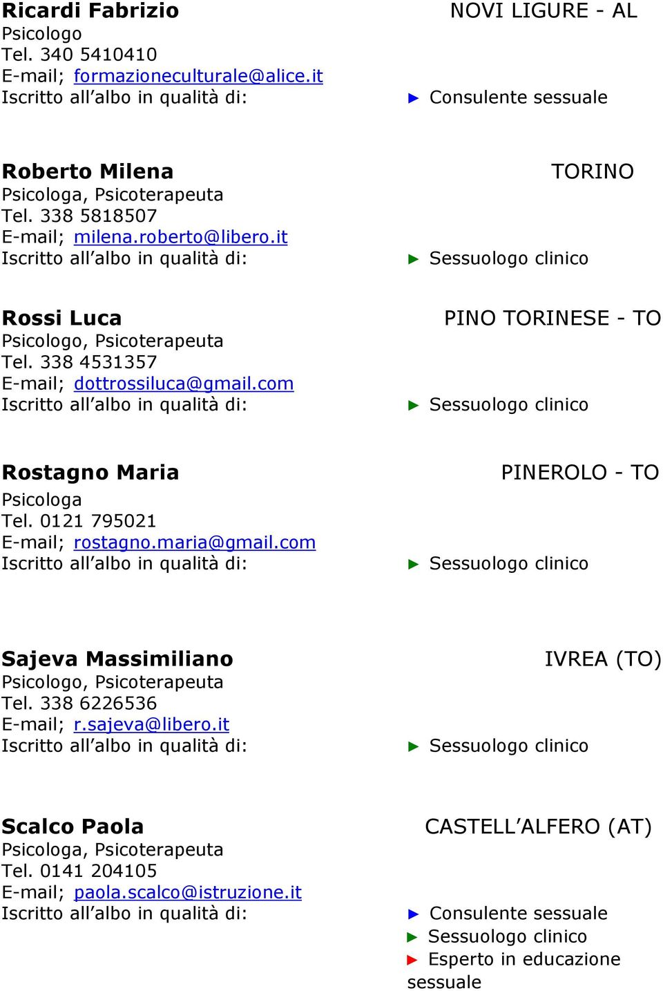 com PINO TORINESE - TO Rostagno Maria Tel. 0121 795021 E-mail; rostagno.maria@gmail.