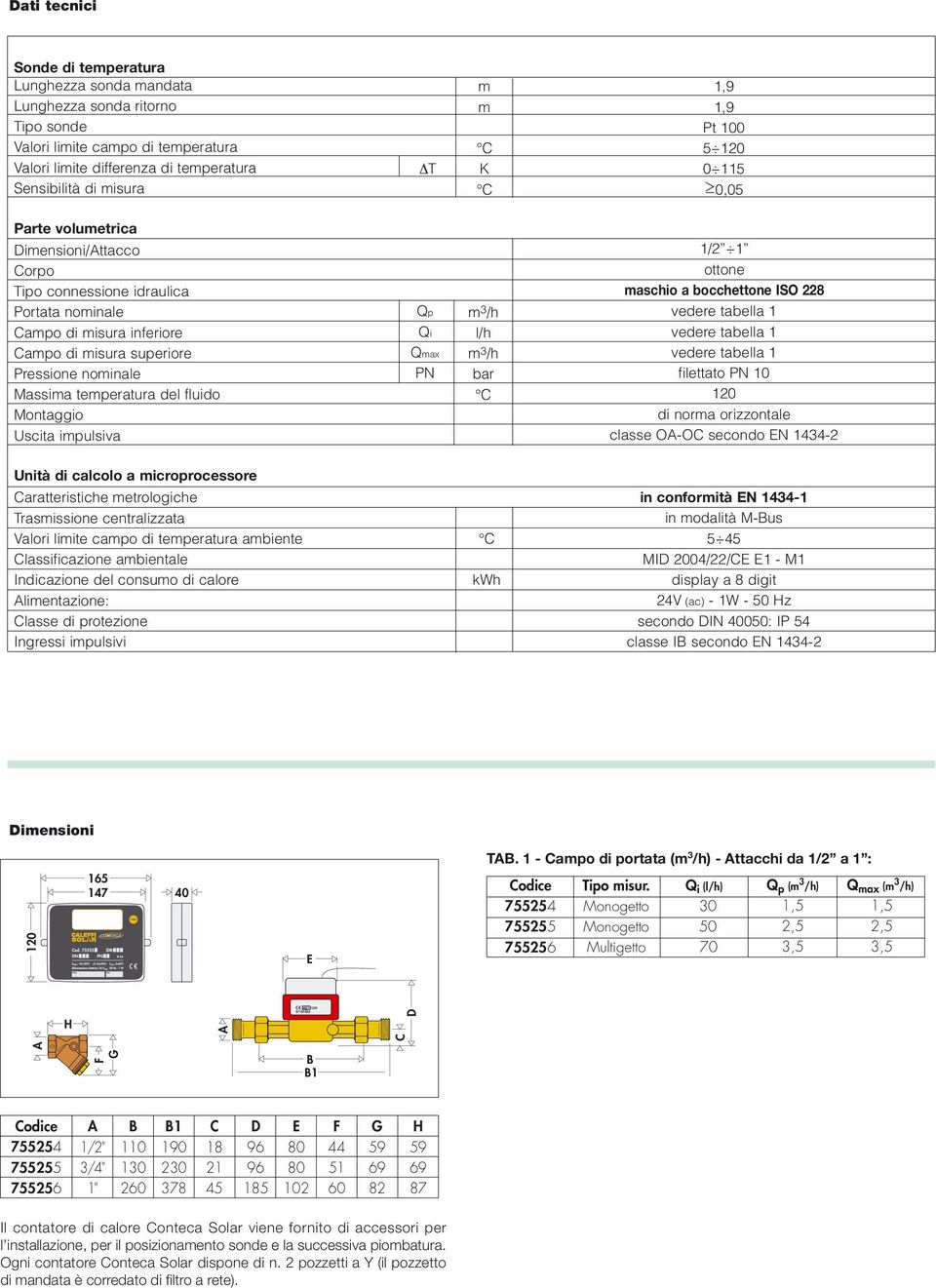 temperatura del fluido Montaggio Uscita impulsiva Qp Qi Qmax PN m /h l/h m /h bar 1/2 1 ottone maschio a bocchettone ISO 228 vedere tabella 1 vedere tabella 1 vedere tabella 1 filettato PN 10 120 di