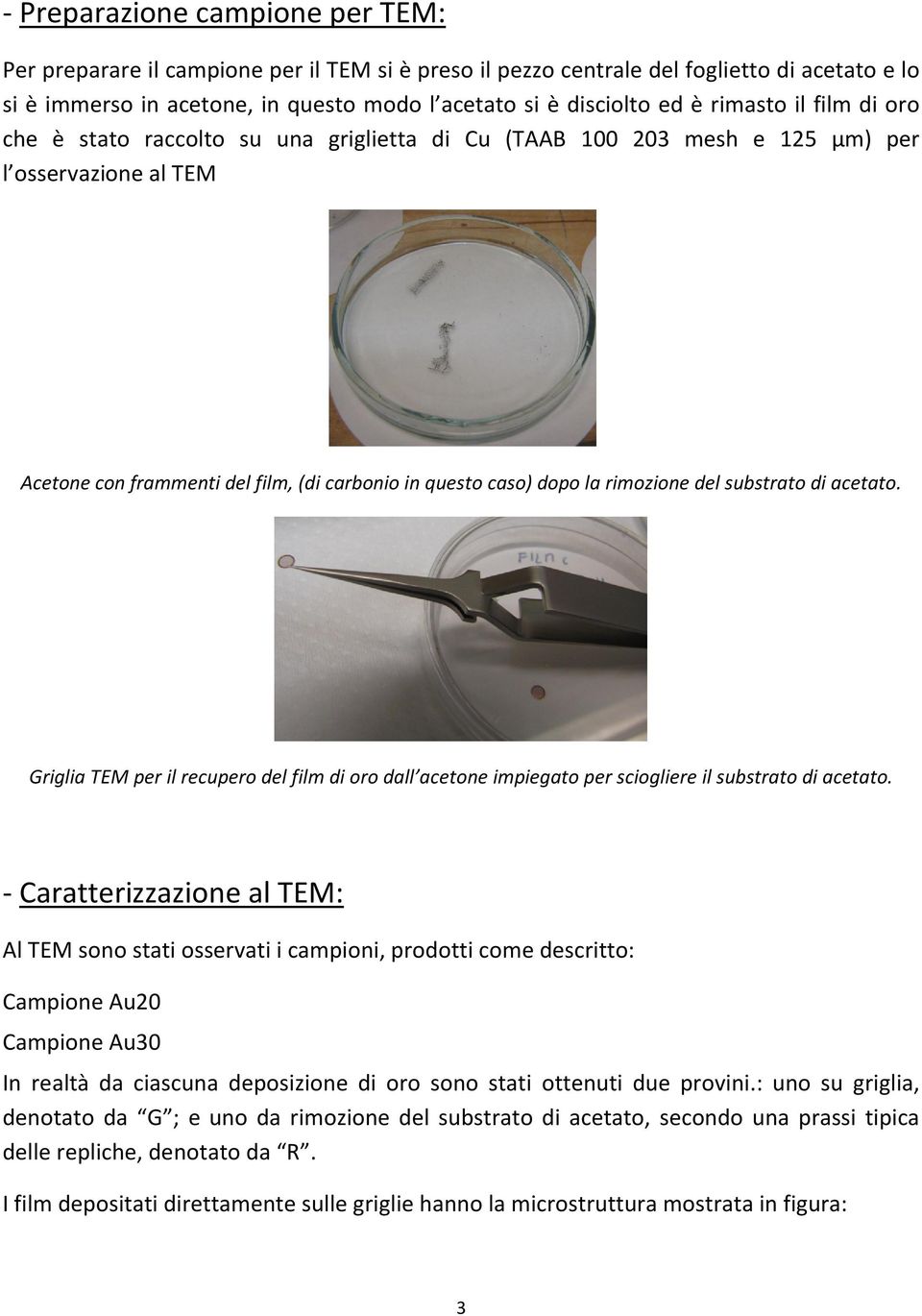 rimozione del substrato di acetato. Griglia TEM per il recupero del film di oro dall acetone impiegato per sciogliere il substrato di acetato.