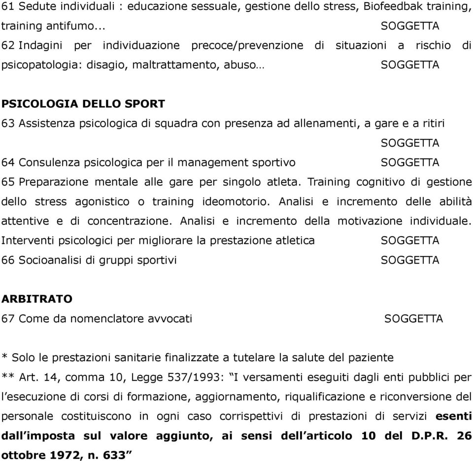 presenza ad allenamenti, a gare e a ritiri 64 Consulenza psicologica per il management sportivo 65 Preparazione mentale alle gare per singolo atleta.