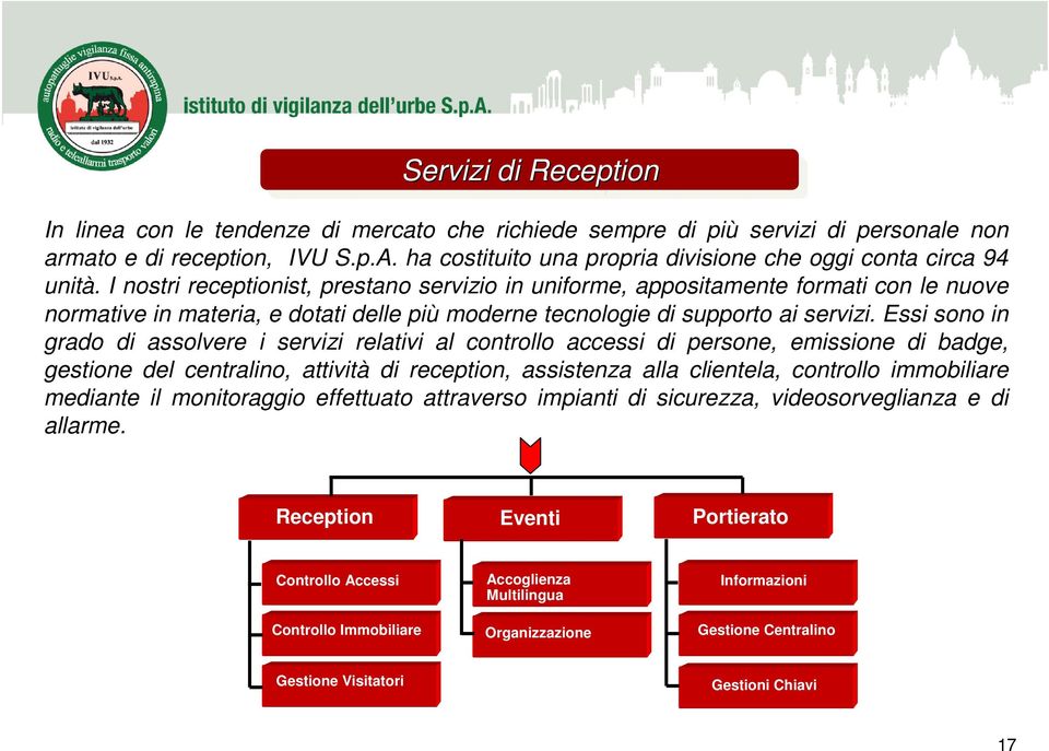 I nostri receptionist, prestano servizio in uniforme, appositamente formati con le nuove normative in materia, e dotati delle più moderne tecnologie di supporto ai servizi.