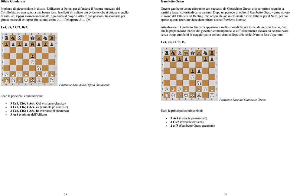 2..., Cc6 oppure 2..., Cf6. 1 e4, e5; 2 Cf3, De7; Gambetto Greco Questo gambetto venne adoperato con successo da Gioacchino Greco, che per primo segnalò la vastità e la pericolosità di certe varianti.