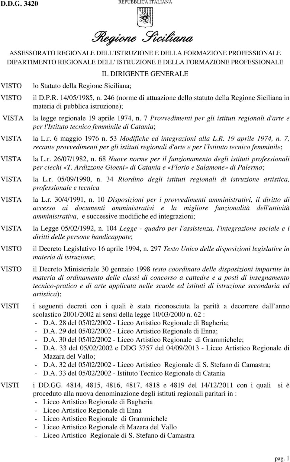 GENERALE VISTO lo Statuto della Regione Siciliana; VISTO il D.P.R. 14/05/1985, n.