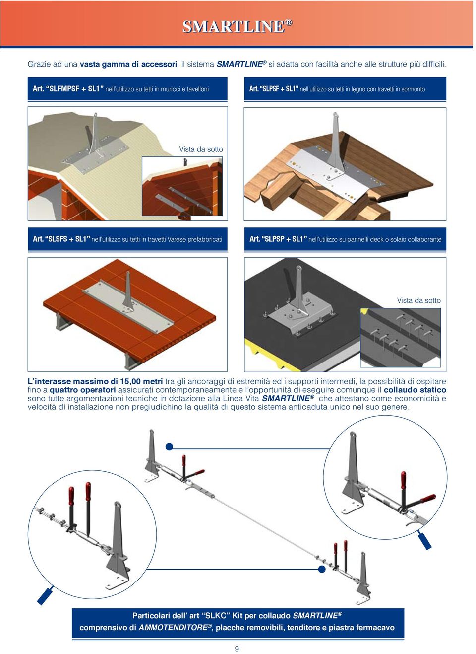 SLPSP + SL1 nell utilizzo su pannelli deck o solaio collaborante Vista da sotto L interasse massimo di 15,00 metri tra gli ancoraggi di estremità ed i supporti intermedi, la possibilità di ospitare