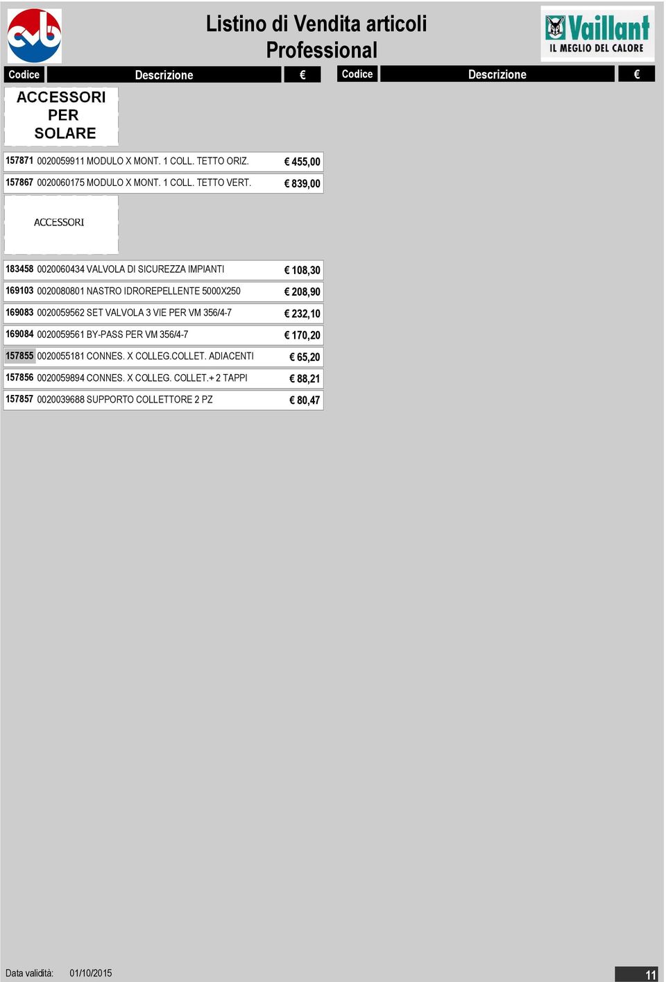 0020059562 SET VALVOLA 3 VIE PER VM 356/4-7 232,10 169084 0020059561 BY-PASS PER VM 356/4-7 170,20 157855 0020055181 CONNES.