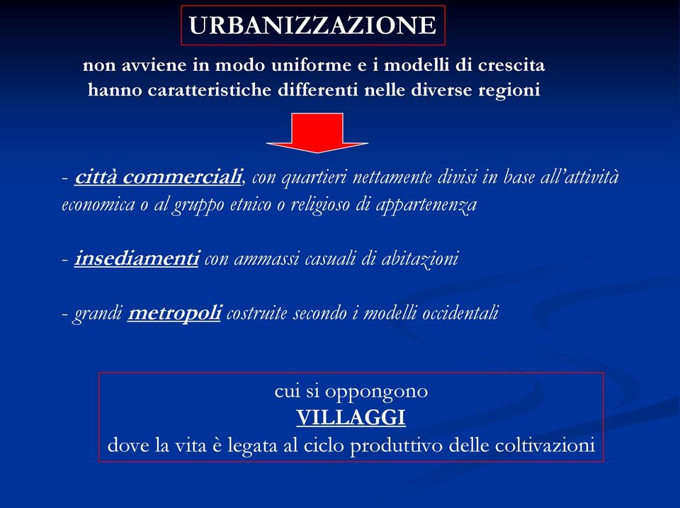 etnico o religioso di appartenenza - insediamenti con ammassi casuali di abitazioni - grandi metropoli