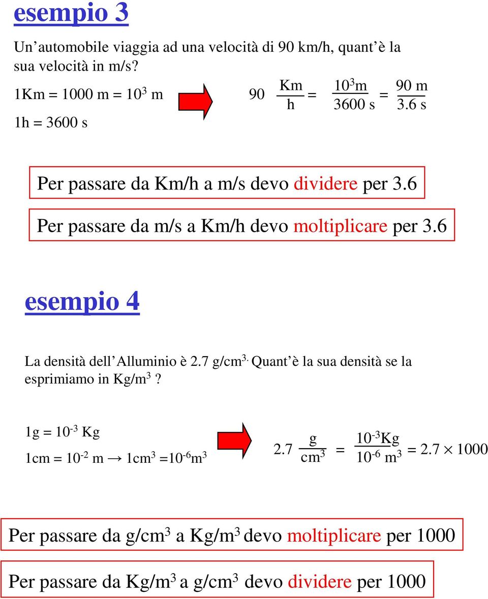 6 Per passare da m/s a Km/h devo moltiplicare per 3.6 esempio 4 La densità dell Alluminio è 2.7 g/cm 3.