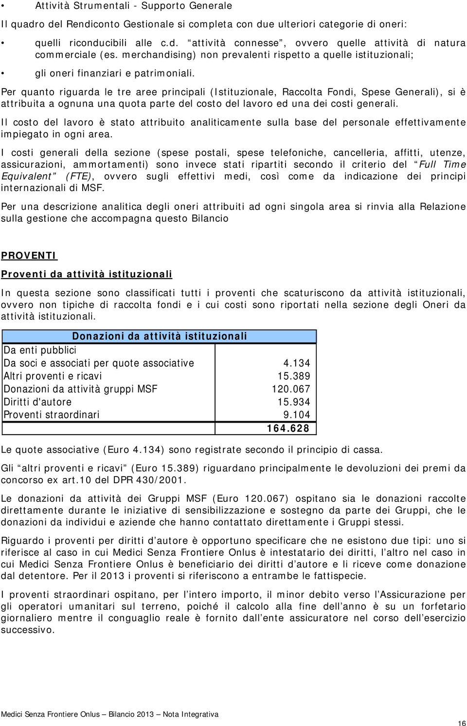 Per quanto riguarda le tre aree principali (Istituzionale, Raccolta Fondi, Spese Generali), si è attribuita a ognuna una quota parte del costo del lavoro ed una dei costi generali.