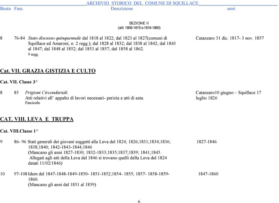 Catanzaro10 giugno Squillace 17 Atti relativi all appalto di lavori necessari- perizia e atti di asta. luglio 1826 Fascicolo CAT. VIII.