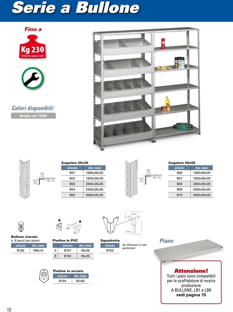 () B06 x55x35 B07 1500x55x35 B08 2000x55x35 B09 2500x55x35 B05 3000x35x35 B10 3000x55x35 55 35 spessore 18/10 55 35 Bullone zincato n. 8 pezzi per piano A dim.