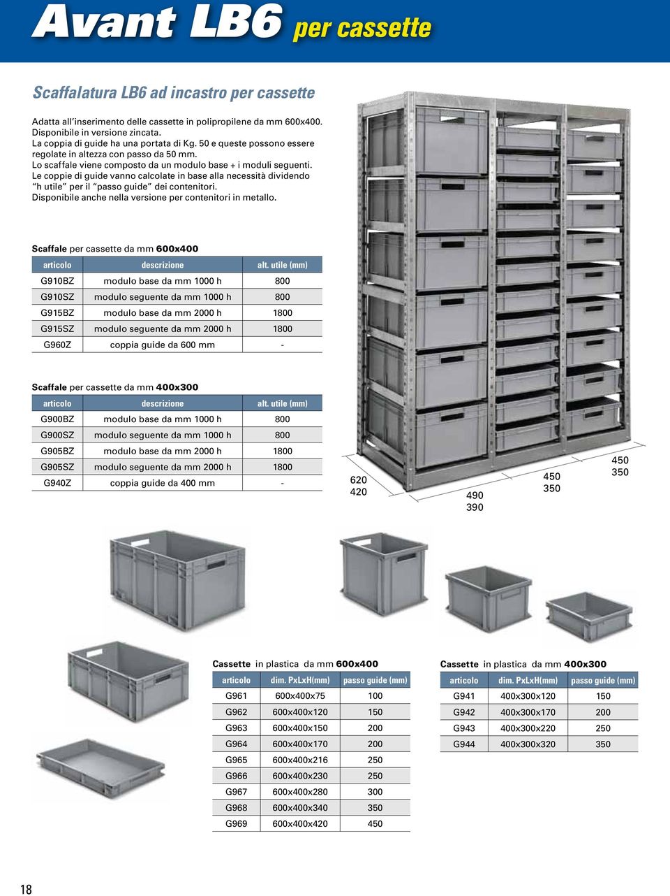 Le coppie di guide vanno calcolate in base alla necessità dividendo h utile per il passo guide dei contenitori. Disponibile anche nella versione per contenitori in metallo.