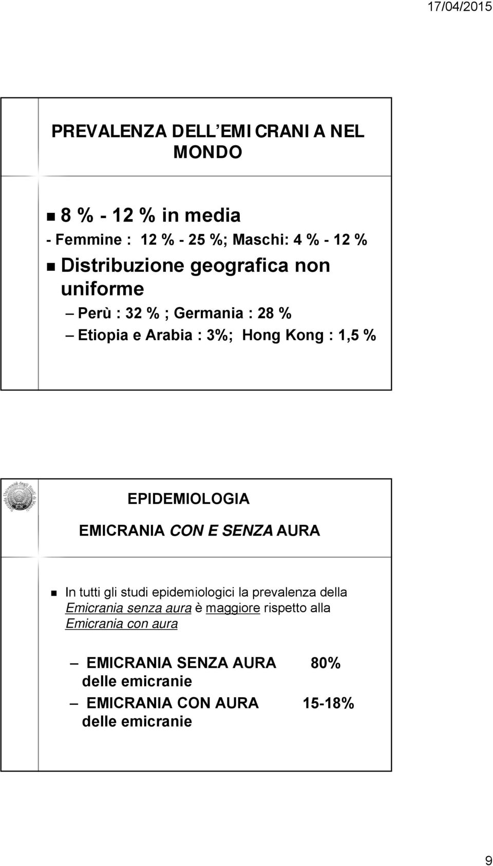 EMICRANIA CON E SENZA AURA In tutti gli studi epidemiologici la prevalenza della Emicrania senza aura è maggiore