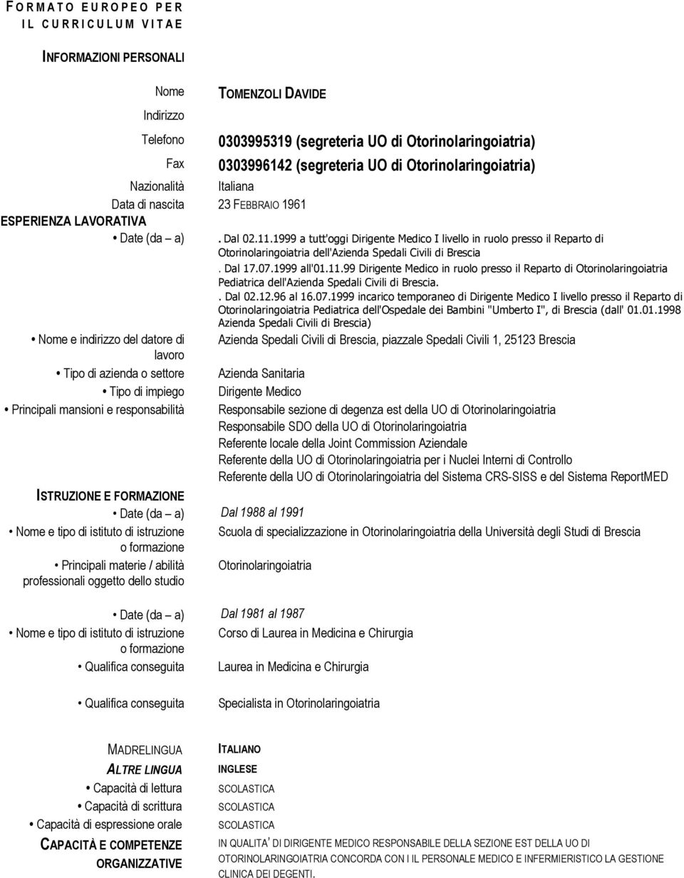 0303996142 (segreteria UO di Otorinolaringoiatria). Dal 02.11.1999 a tutt'oggi Dirigente Medico I livello in ruolo presso il Reparto di Otorinolaringoiatria dell'azienda Spedali Civili di Brescia.