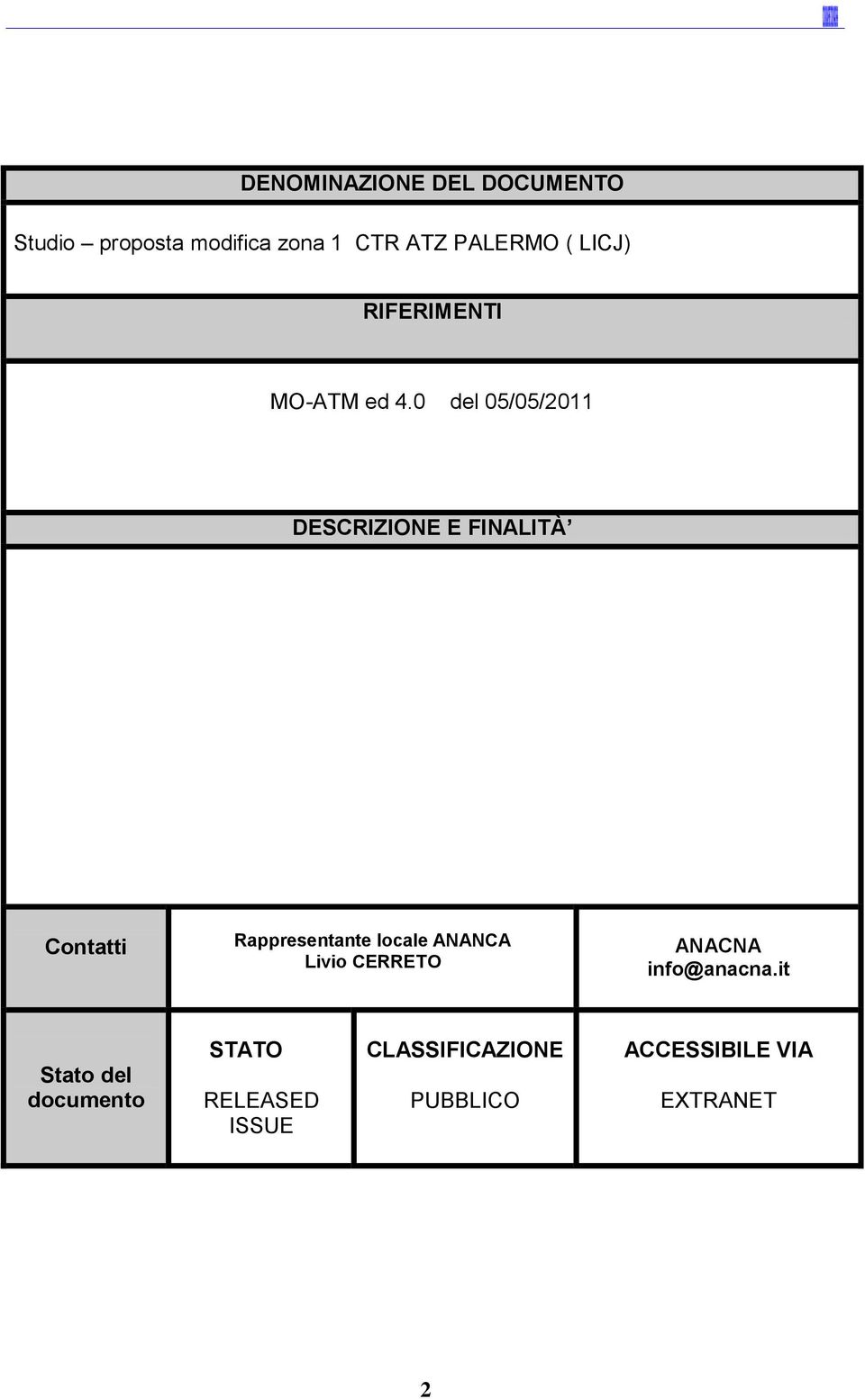 0 del 05/05/2011 DESCRIZIONE E FINALITÀ Contatti Rappresentante locale ANANCA