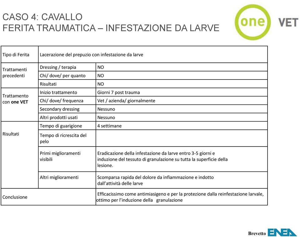 NO NO NO Giorni 7 post trauma Vet / azienda/ giornalmente Nessuno Nessuno 4 settimane Eradicazione della infestazione da larve entro 3-5 giorni e induzione del tessuto di granulazione su tutta la