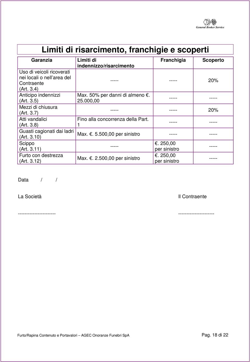 25.000,00 ----- ----- ----- ----- 20% Fino alla concorrenza della Part. 1 ----- ----- Max.. 5.500,00 per sinistro ----- ----- ----- Max.. 2.500,00 per sinistro. 250,00 per sinistro.