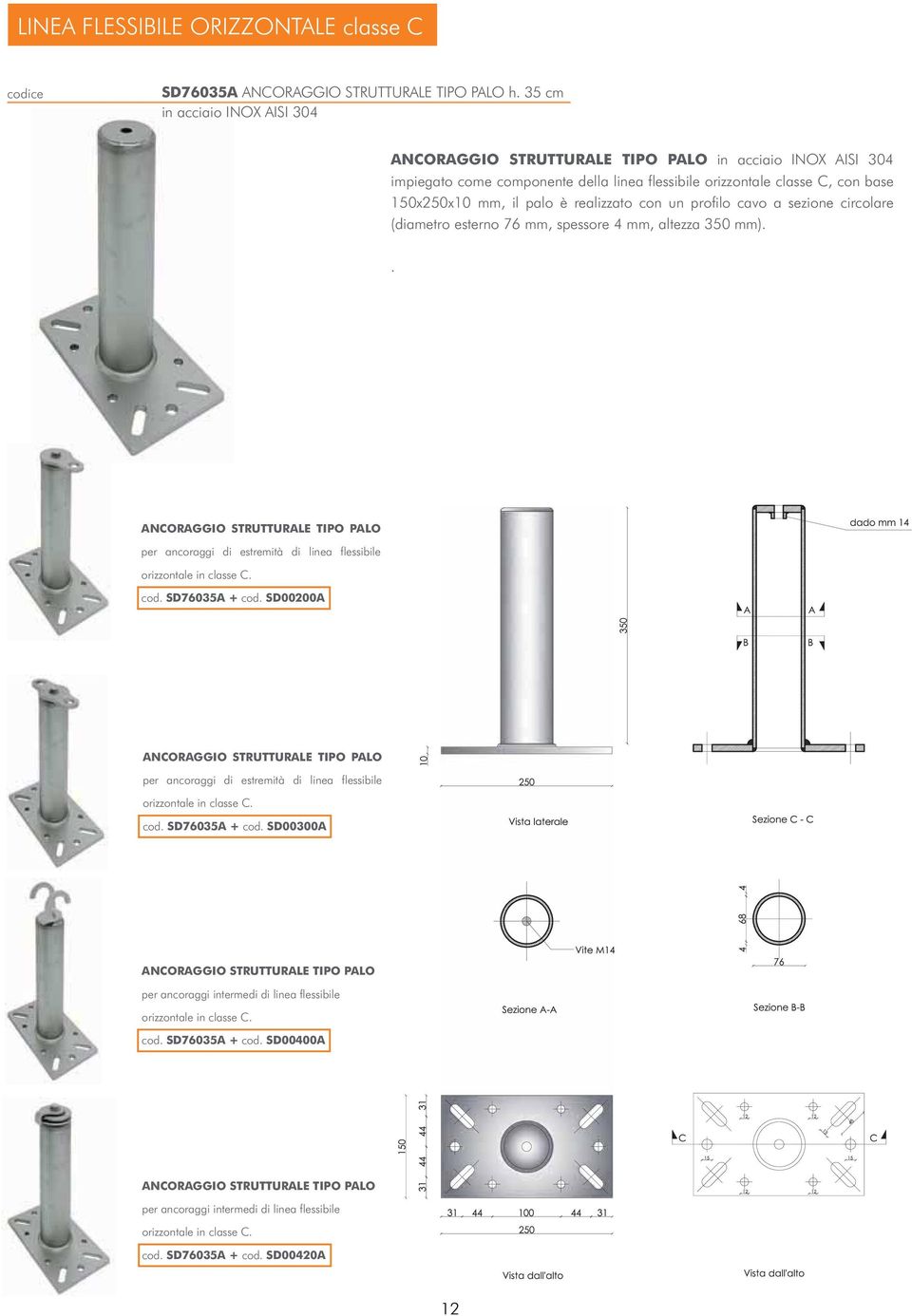 profilo cavo a sezione circolare (diametro esterno 76 mm, spessore 4 mm, altezza 350 mm).. per ancoraggi di estremità di linea flessibile orizzontale in classe C. cod.