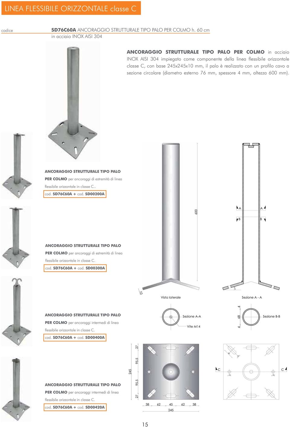 profilo cavo a sezione circolare (diametro esterno 76 mm, spessore 4 mm, altezza 600 mm). PER COLMO per ancoraggi di estremità di linea flessibile orizzontale in classe C.. cod. SD76C60A + cod.