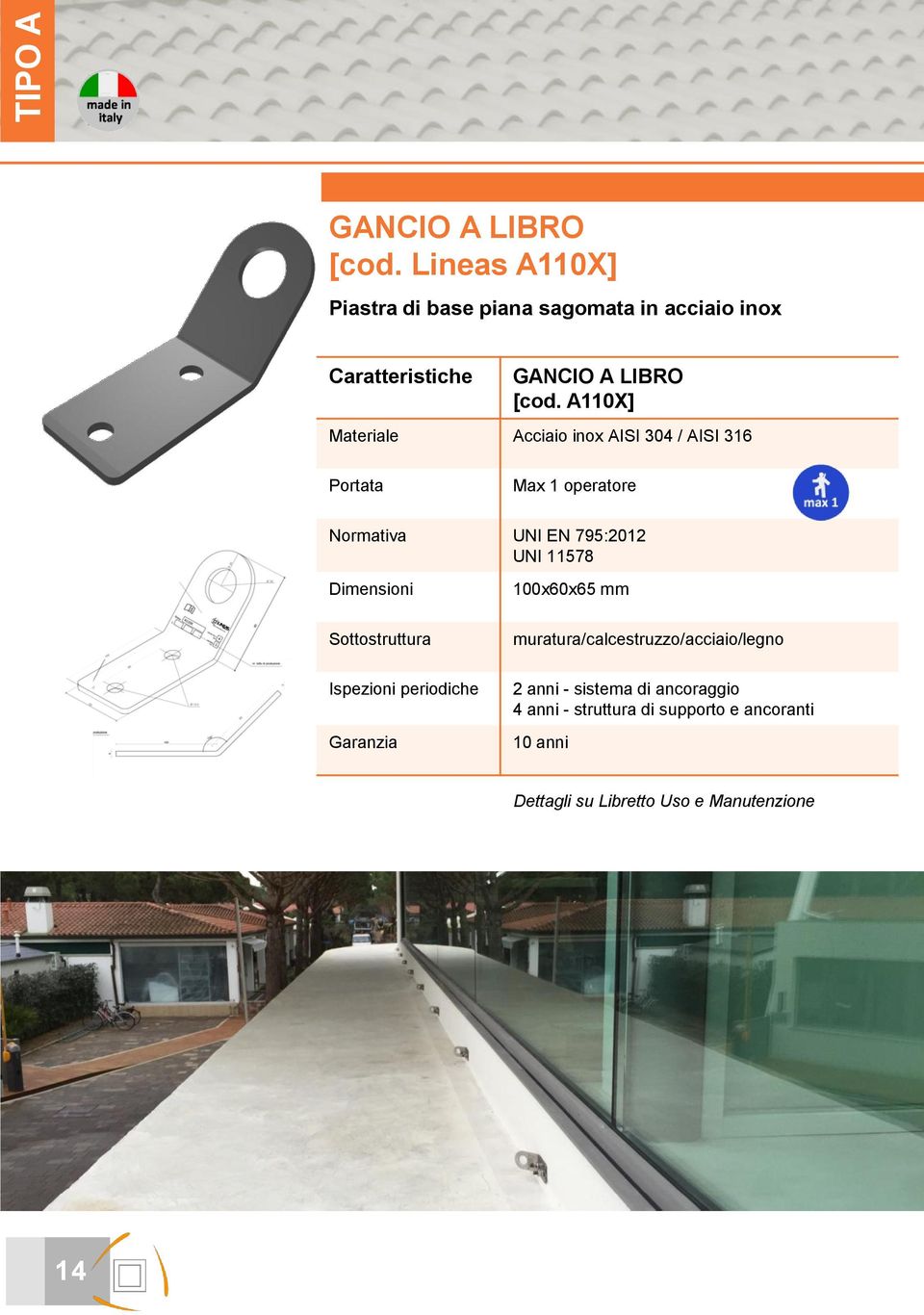 A110X] Materiale Acciaio inox AISI 304 / AISI 316 Portata Max 1 operatore Normativa UNI EN 795:2012 UNI 11578