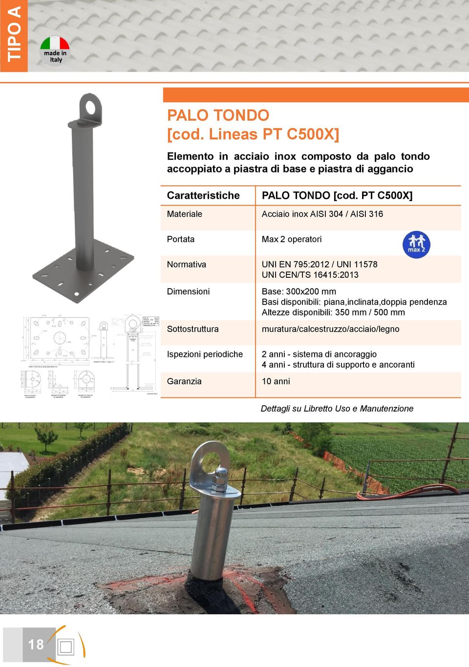 PT C500X] Materiale Acciaio inox AISI 304 / AISI 316 Portata Max 2 operatori Normativa UNI EN 795:2012 / UNI 11578 UNI CEN/TS 16415:2013 Dimensioni