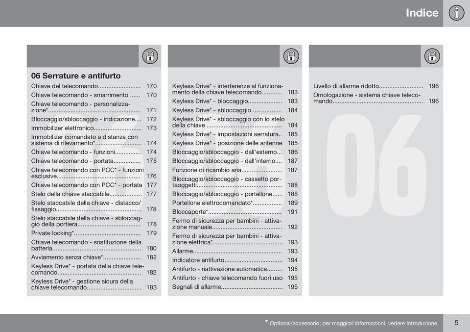 .. 175 Chiave telecomando con PCC* - funzioni esclusive... 176 Chiave telecomando con PCC* - portata 177 Stelo della chiave staccabile... 177 Stelo staccabile della chiave - distacco/ fissaggio.