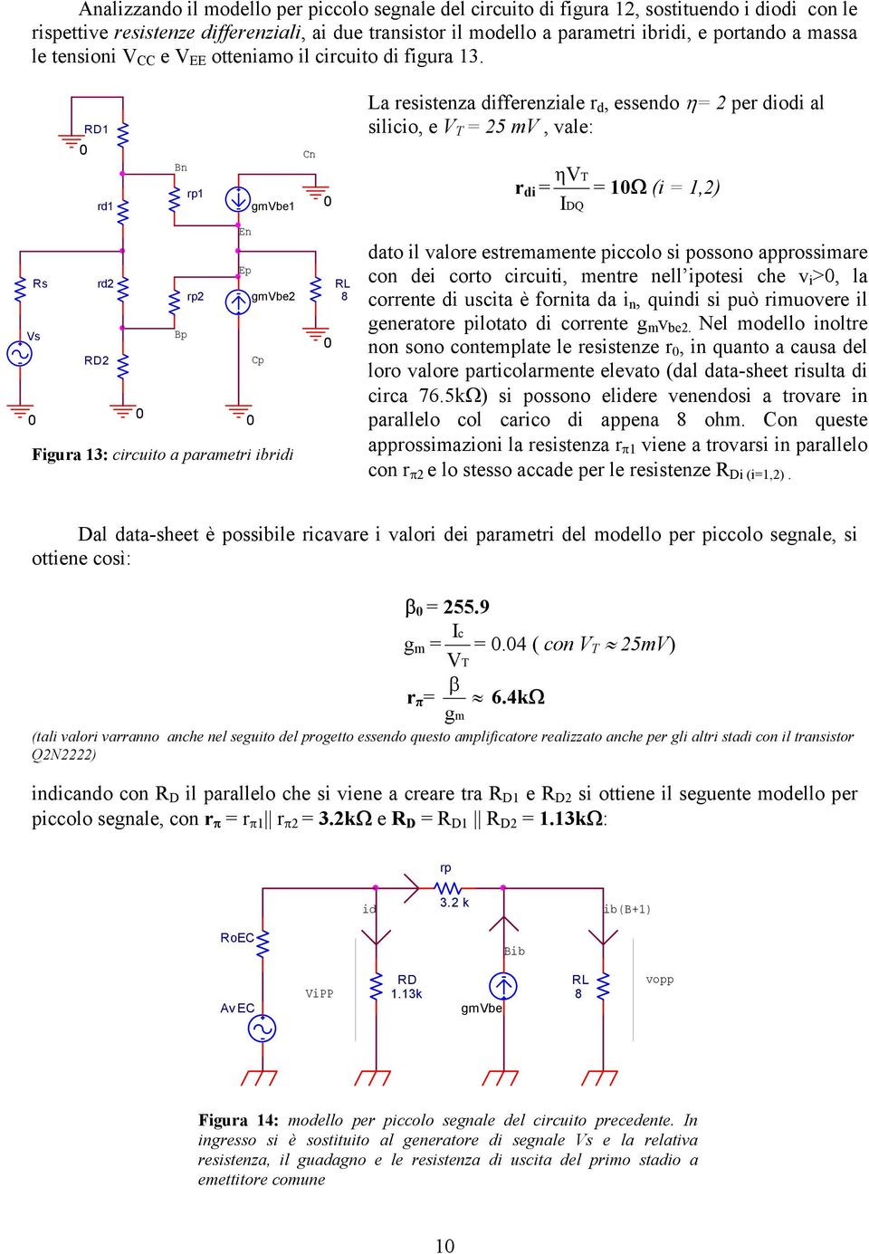 D1 rd1 Bn rp1 gmvbe1 Cn La resistenza differenziale r d, essendo η= 2 per diodi al silicio, e V T = 25 mv, ale: ηv T r di = = 1Ω (i = 1,2) IDQ En Ep s rd2 rp2 gmvbe2 Vs Bp D2 Cp igura 13: circuito a