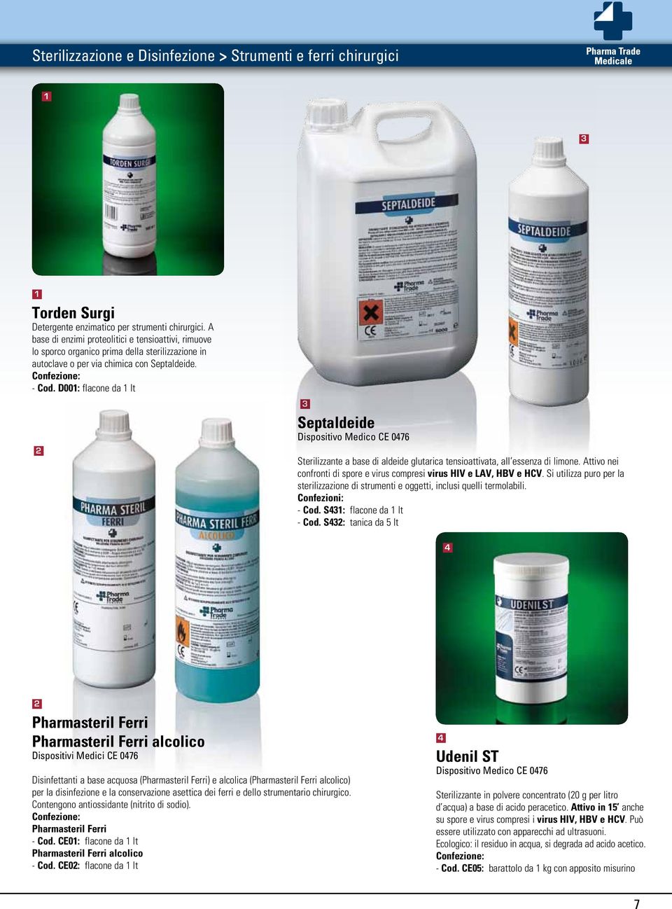 D00: flacone da lt Septaldeide 076 Sterilizzante a base di aldeide glutarica tensioattivata, all essenza di limone. Attivo nei confronti di spore e virus compresi virus HIV e LAV, HBV e HCV.