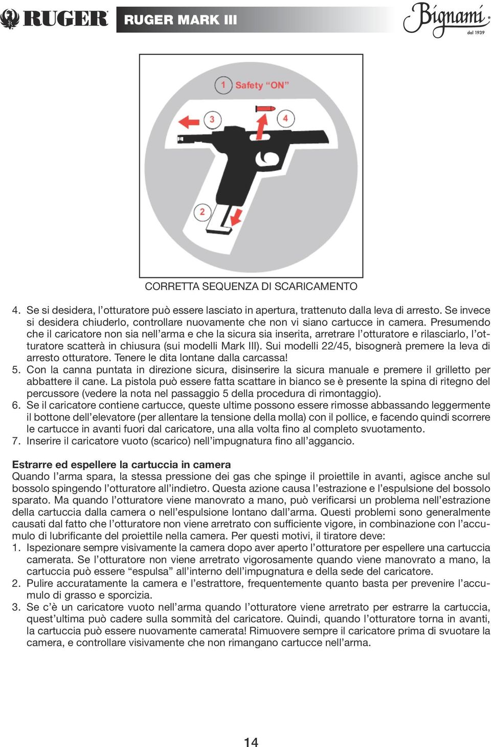 Presumendo che il caricatore non sia nell arma e che la sicura sia inserita, arretrare l otturatore e rilasciarlo, l otturatore scatterà in chiusura (sui modelli Mark III).