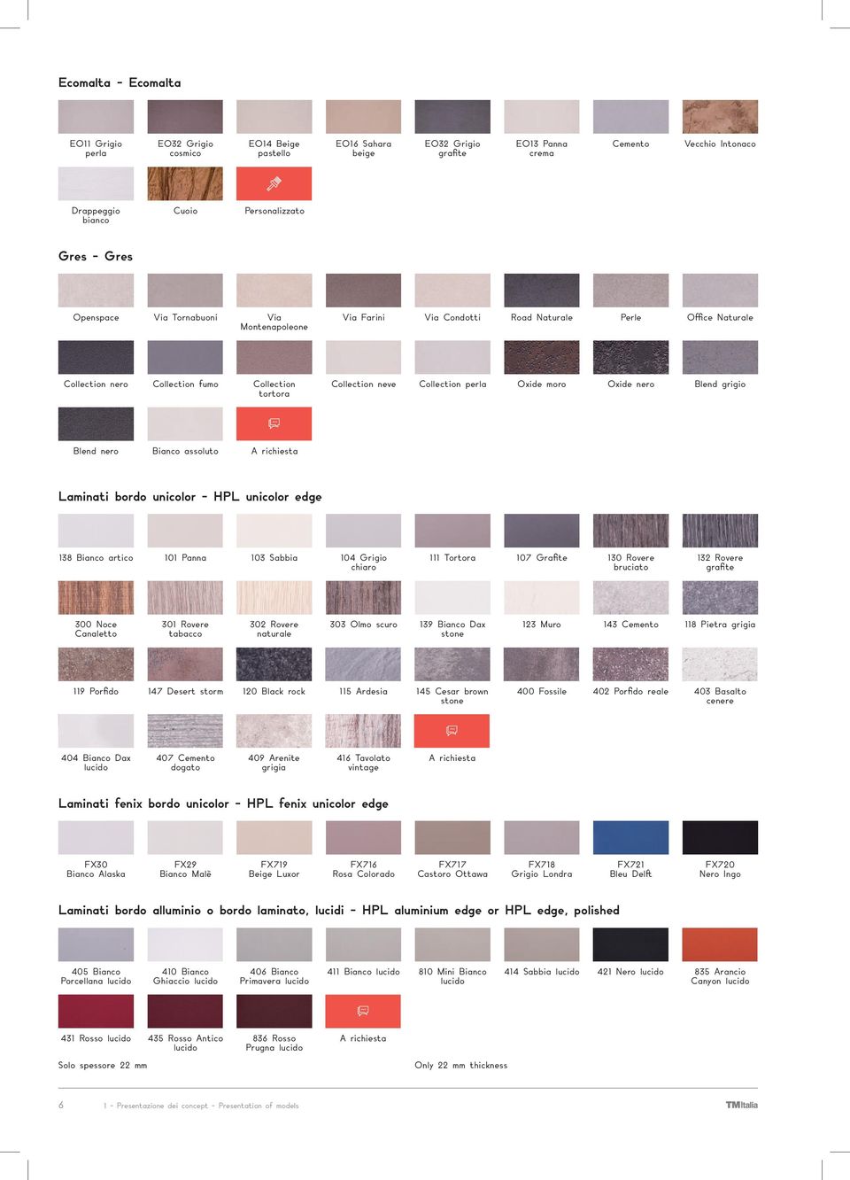 Oxide nero Blend grigio Blend nero Bianco assoluto Laminati bordo unicolor - HPL unicolor edge 138 Bianco artico 101 Panna 103 Sabbia 104 Grigio chiaro 111 Tortora 107 Grafite 130 Rovere bruciato 132