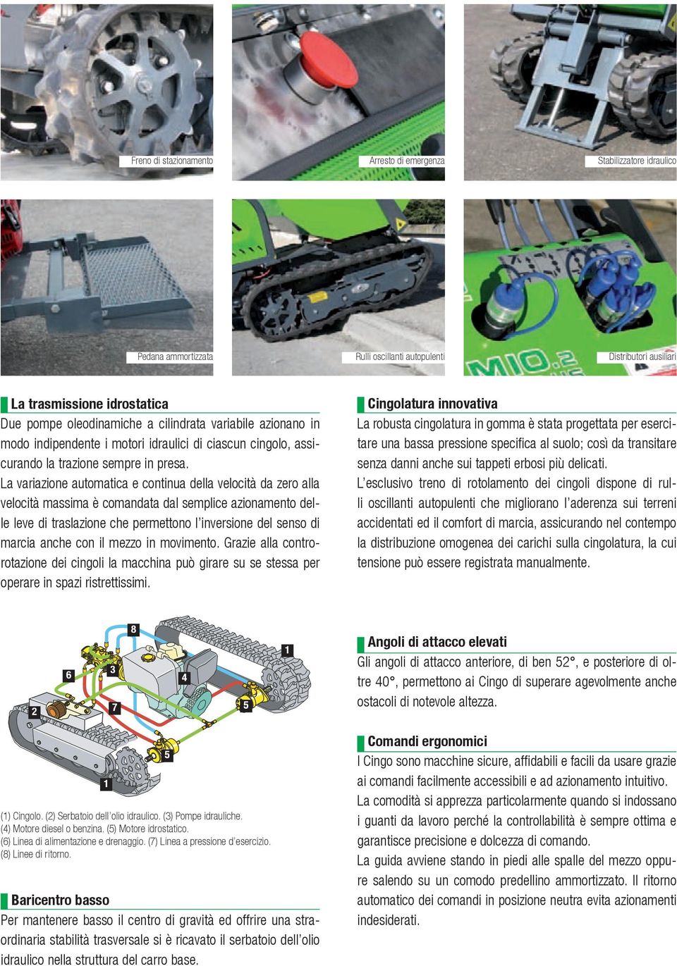 La variazione automatica e continua della velocità da zero alla velocità massima è comandata dal semplice azionamento delle leve di traslazione che permettono l inversione del senso di marcia anche