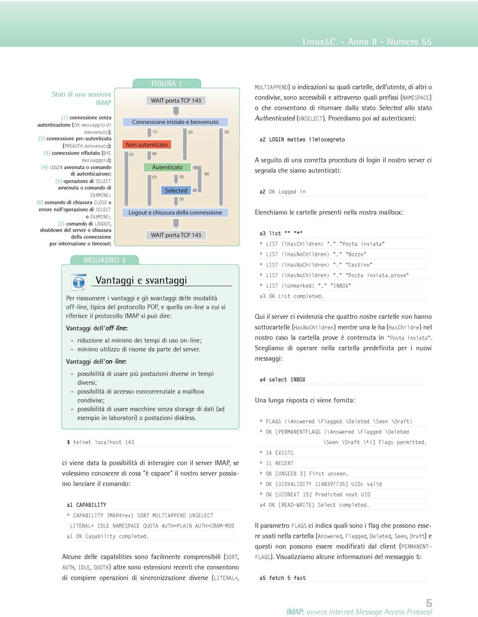 messagggio); (4) LOGIN avvenuta o comando di autenticazione; (5) operazione di SELECT avvenuta o comando di EXAMINE; (6) comando di chiusura CLOSE o errore nell'operazione di SELECT o EXAMINE; (7)