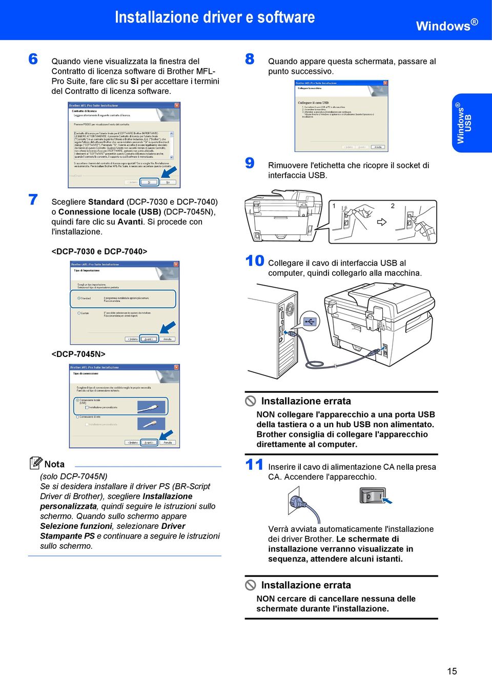 7 Scegliere Standard (DCP-7030 e DCP-7040) o Connessione locale (USB) (DCP-7045N), quindi fare clic su Avanti. Si procede con l'installazione.