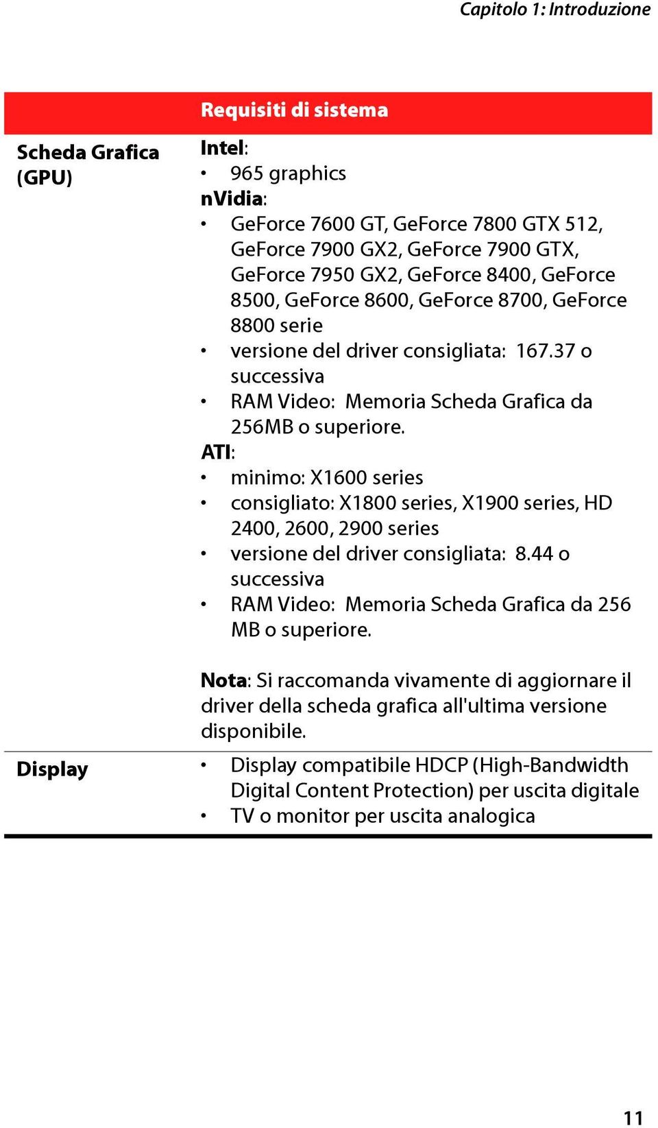 ATI: minimo: X1600 series consigliato: X1800 series, X1900 series, HD 2400, 2600, 2900 series versione del driver consigliata: 8.