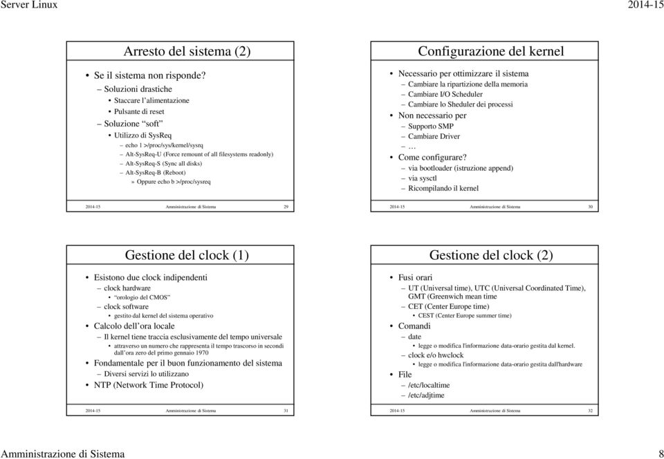 (Sync all disks) Alt-SysReq-B (Reboot)» Oppure echo b >/proc/sysreq Configurazione del kernel Necessario per ottimizzare il sistema Cambiare la ripartizione della memoria Cambiare I/O Scheduler