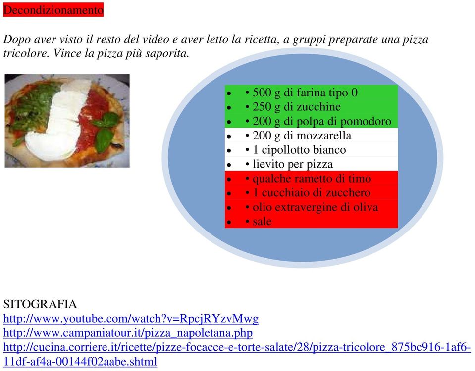 500 g di farina tipo 0 250 g di zucchine 200 g di polpa di pomodoro 200 g di mozzarella 1 cipollotto bianco lievito per pizza qualche rametto di