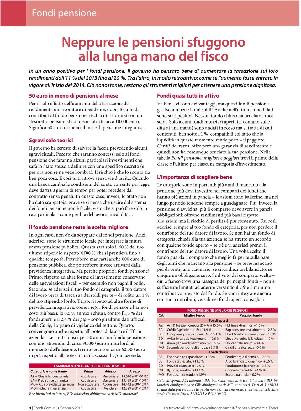 50 euro in meno di pensione al mese Per il solo effetto dell'aumento della tassazione dei rendimenti, un lavoratore dipendente, dopo 40 anni di contributi al fondo pensione, rischia di ritrovarsi con