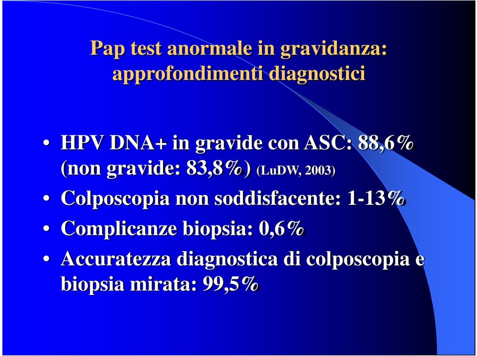 2003) Colposcopia non soddisfacente: 1-13% Complicanze biopsia: