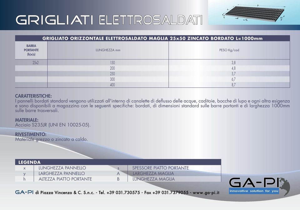 standard sulle barre portanti e di largezza 1000mm sulle barre trasversali. MTERILE: cciaio S235JR (UNI EN 10025-05). RIVESTIMENTO: Materiale grezzo o zincato a caldo.