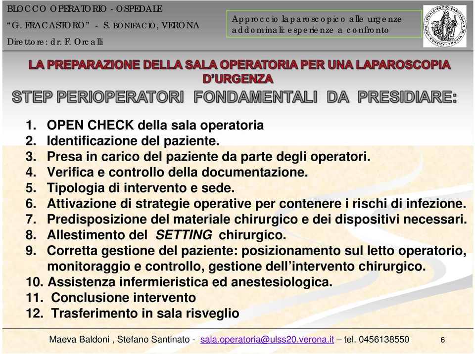 Predisposizione del materiale chirurgico e dei dispositivi necessari. 8. Allestimento del SETTING chirurgico. 9.