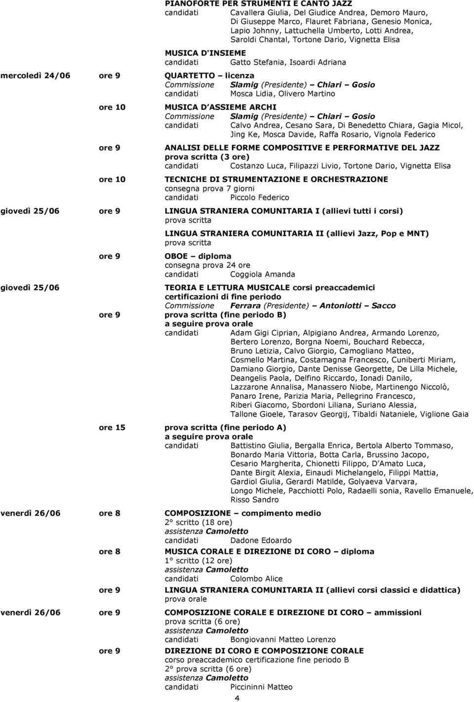 candidati Mosca Lidia, Olivero Martino MUSICA D ASSIEME ARCHI Commissione Slamig (Presidente) Chiari Gosio candidati Calvo Andrea, Cesano Sara, Di Benedetto Chiara, Gagia Micol, Jing Ke, Mosca