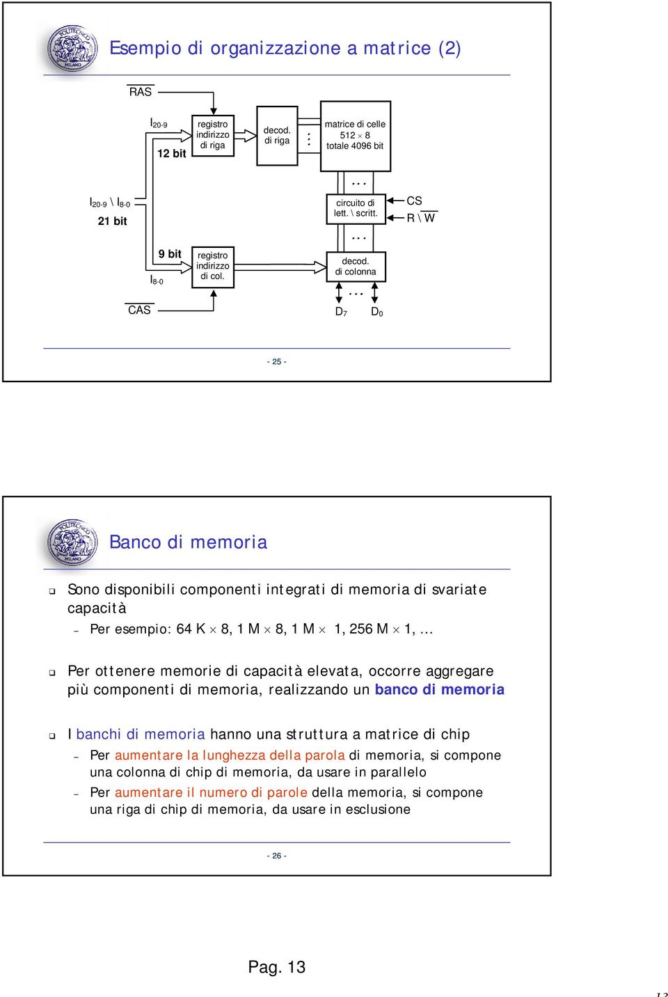 di colonna CAS D 7 D 0 25 Banco di memoria Sono disponibili componenti integrati di memoria di svariate capacità Per esempio: 64 K 8, 1 M 8, 1 M 1, 256 M 1, Per ottenere memorie di capacità elevata,