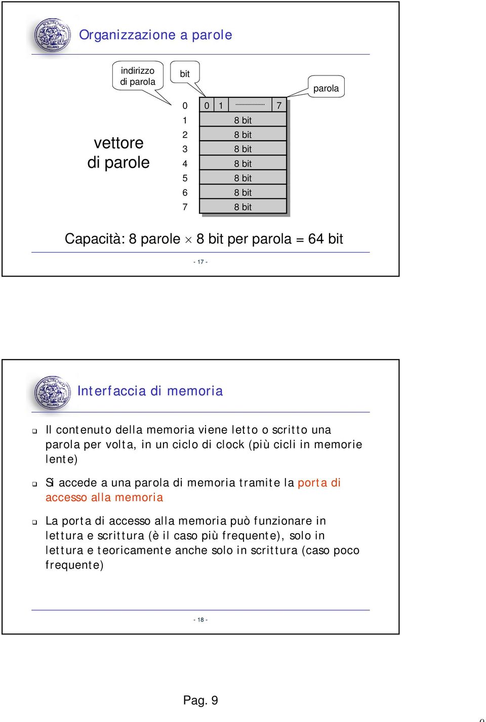 clock (più cicli in memorie lente) Si accede a una parola di memoria tramite la porta di accesso alla memoria La porta di accesso alla memoria può