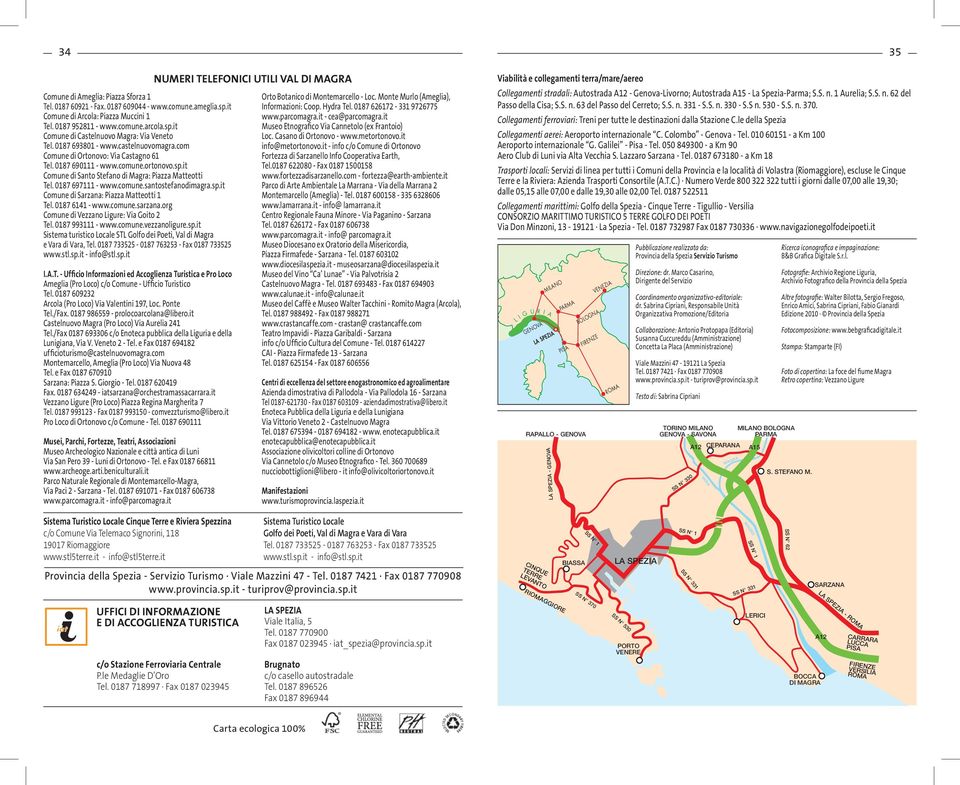 comune.santostefanodimagra.sp.it Comune di Sarzana: Piazza Matteotti 1 Tel. 0187 6141 - www.comune.sarzana.org Comune di Vezzano Ligure: Via Goito 2 Tel. 0187 993111 - www.comune.vezzanoligure.sp.it Sistema turistico Locale STL Golfo dei Poeti, Val di Magra e Vara di Vara, Tel.