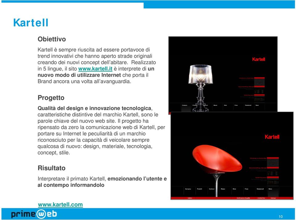 Progetto Qualità del design e innovazione tecnologica, caratteristiche distintive del marchio Kartell, sono le parole chiave del nuovo web site.