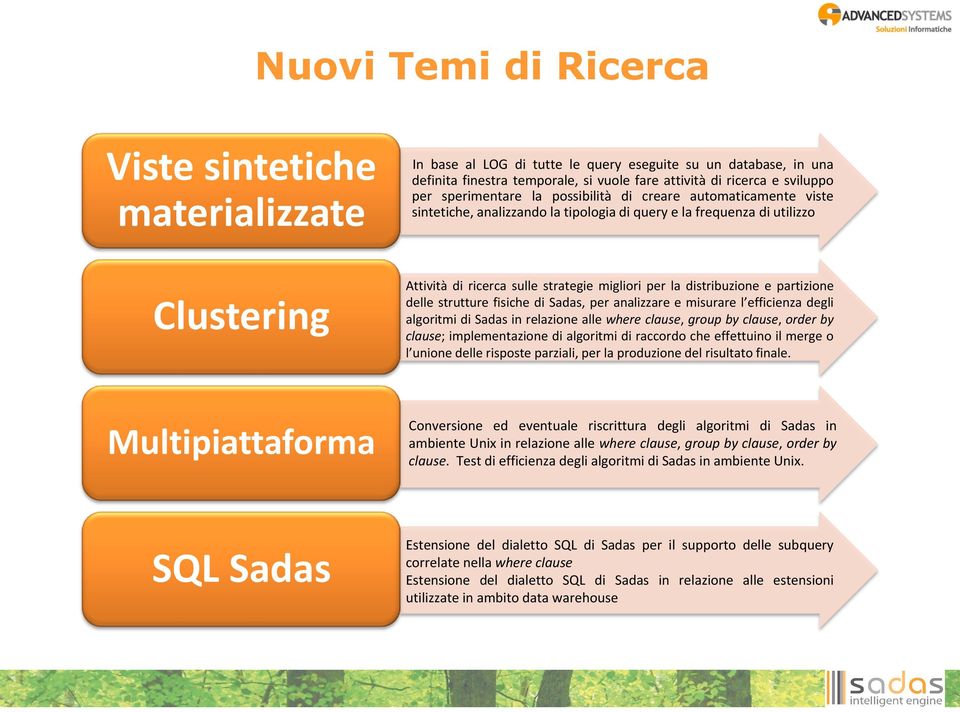 distribuzione e partizione delle strutture fisiche di Sadas, per analizzare e misurare l efficienza degli algoritmi di Sadas in relazione alle where clause, group by clause, order by clause;