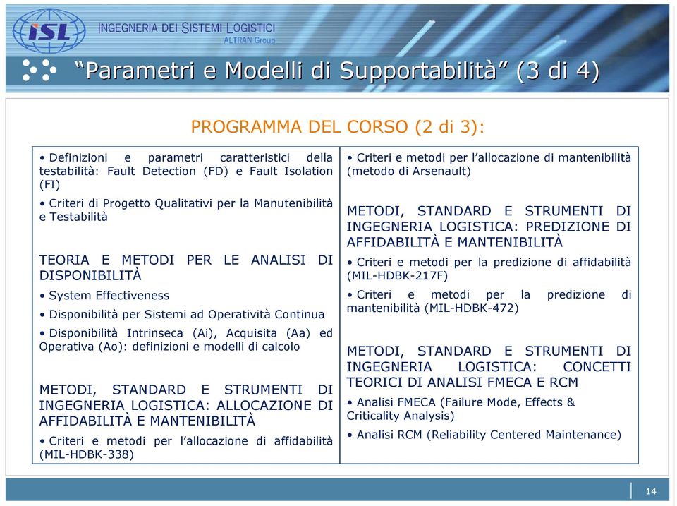 Acquisita (Aa) ed Operativa (Ao): definizioni e modelli di calcolo METODI, STANDARD E STRUMENTI DI INGEGNERIA LOGISTICA: ALLOCAZIONE DI AFFIDABILITÀ E MANTENIBILITÀ Criteri e metodi per l allocazione