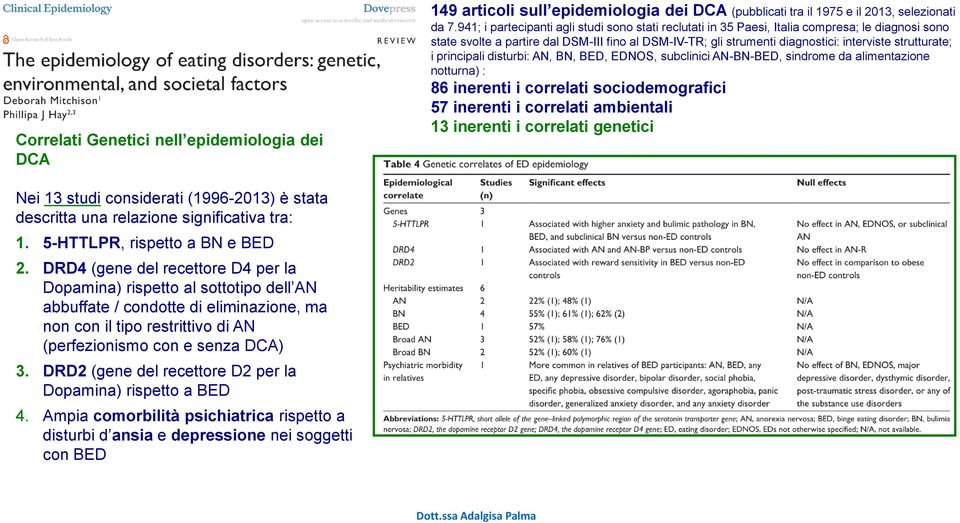 strutturate; i principali disturbi: AN, BN, BED, EDNOS, subclinici AN-BN-BED, sindrome da alimentazione notturna) : 86 inerenti i correlati sociodemografici 57 inerenti i correlati ambientali 13