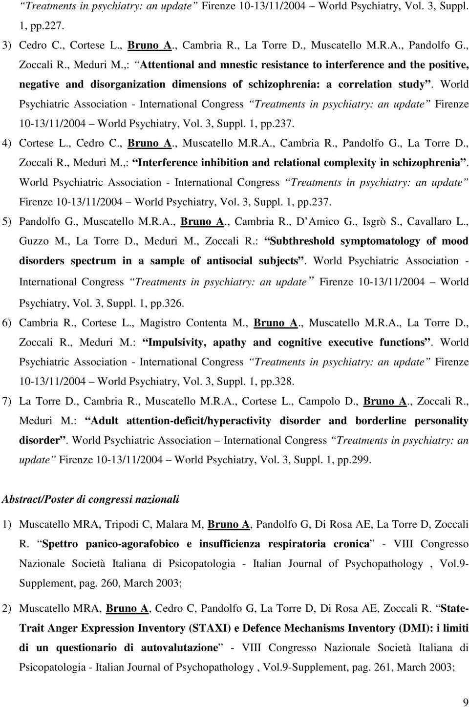 World Psychiatric Association - International Congress Treatments in psychiatry: an update Firenze 10-13/11/2004 World Psychiatry, Vol. 3, Suppl. 1, pp.237. 4) Cortese L., Cedro C., Bruno A.