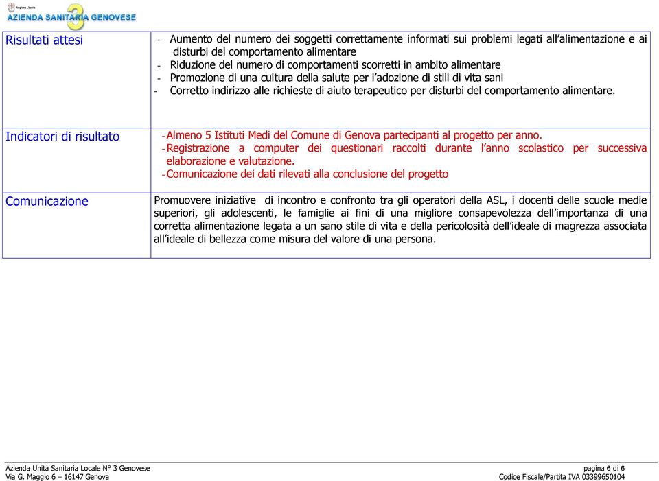 alimentare. Indicatori di risultato Comunicazione - Almeno 5 Istituti Medi del Comune di Genova partecipanti al progetto per anno.