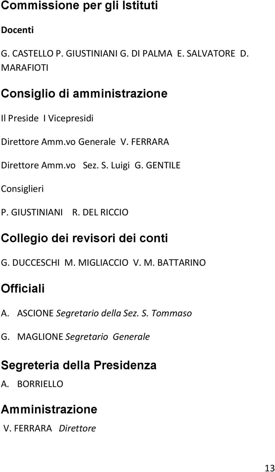 GENTILE Consiglieri P. GIUSTINIANI R. DEL RICCIO Collegio dei revisori dei conti G. DUCCESCHI M. MIGLIACCIO V. M. BATTARINO Officiali A.